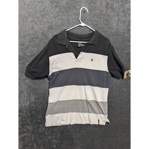 Southpole Mens Polo Shirt Large Black Grey White Striped Short Sleeve Y2K Street